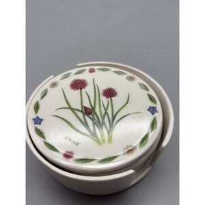 Set of 6 Kent Pottery Herbs 3 7/8" Round Hard Plastic Coasters w/ Orig. Caddy‎